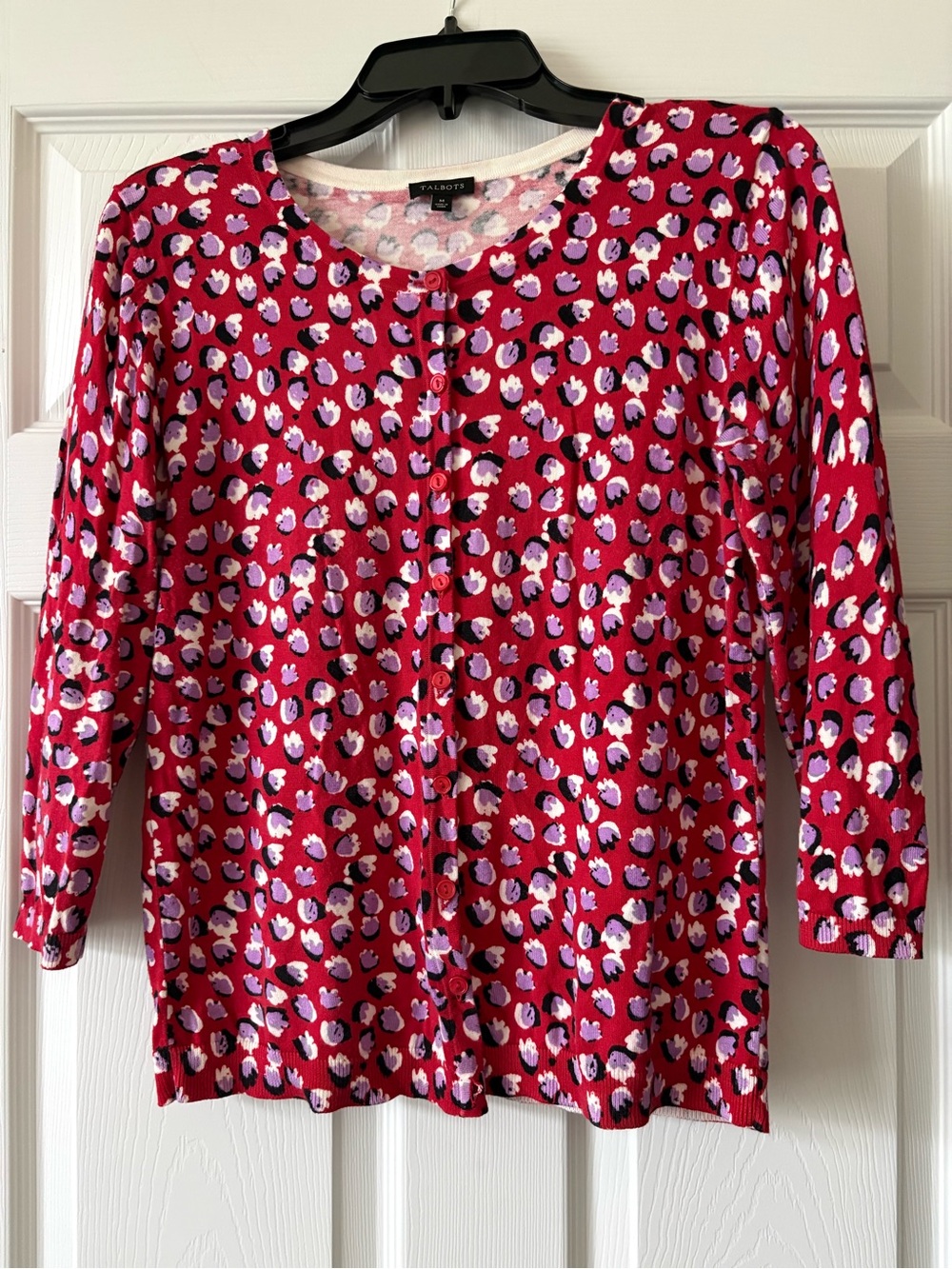 Talbots Red Floral-Print Cardigan with Purple Accents